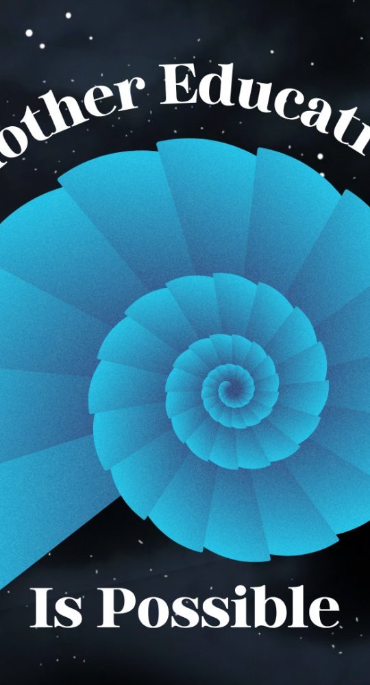 Another Education Is Possible logo - a blue spiral on black background with stars